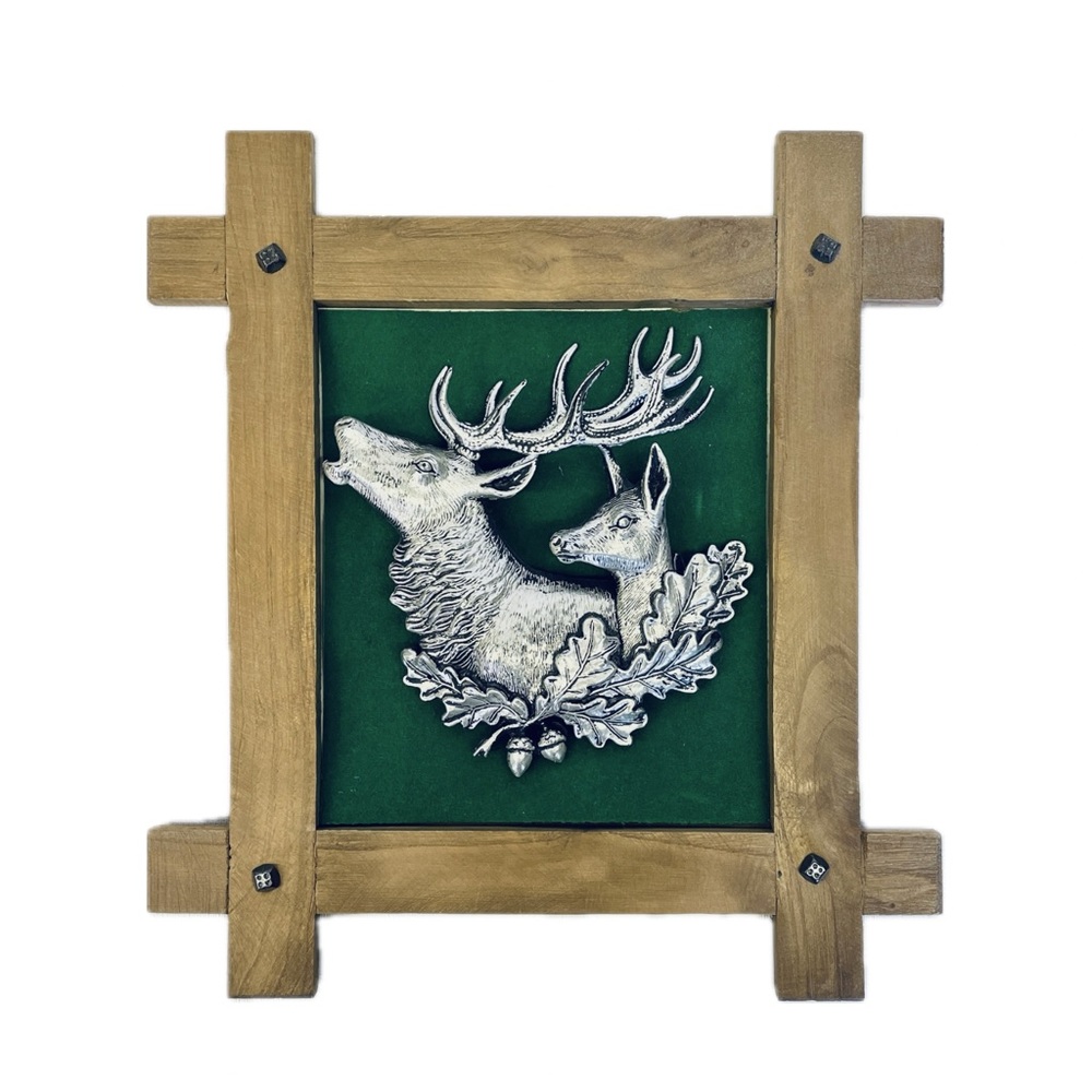 VINTAGE Faux Pewter Stag Deer Wall Plaque Green Velvet Wood Hunting Cabincore